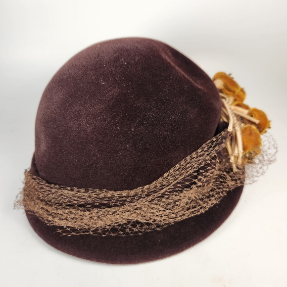 Vintage FLAMAND Velour Hat Floral Made Italy Chocolate Brown Netting 1930s Saks - Picture 8 of 9